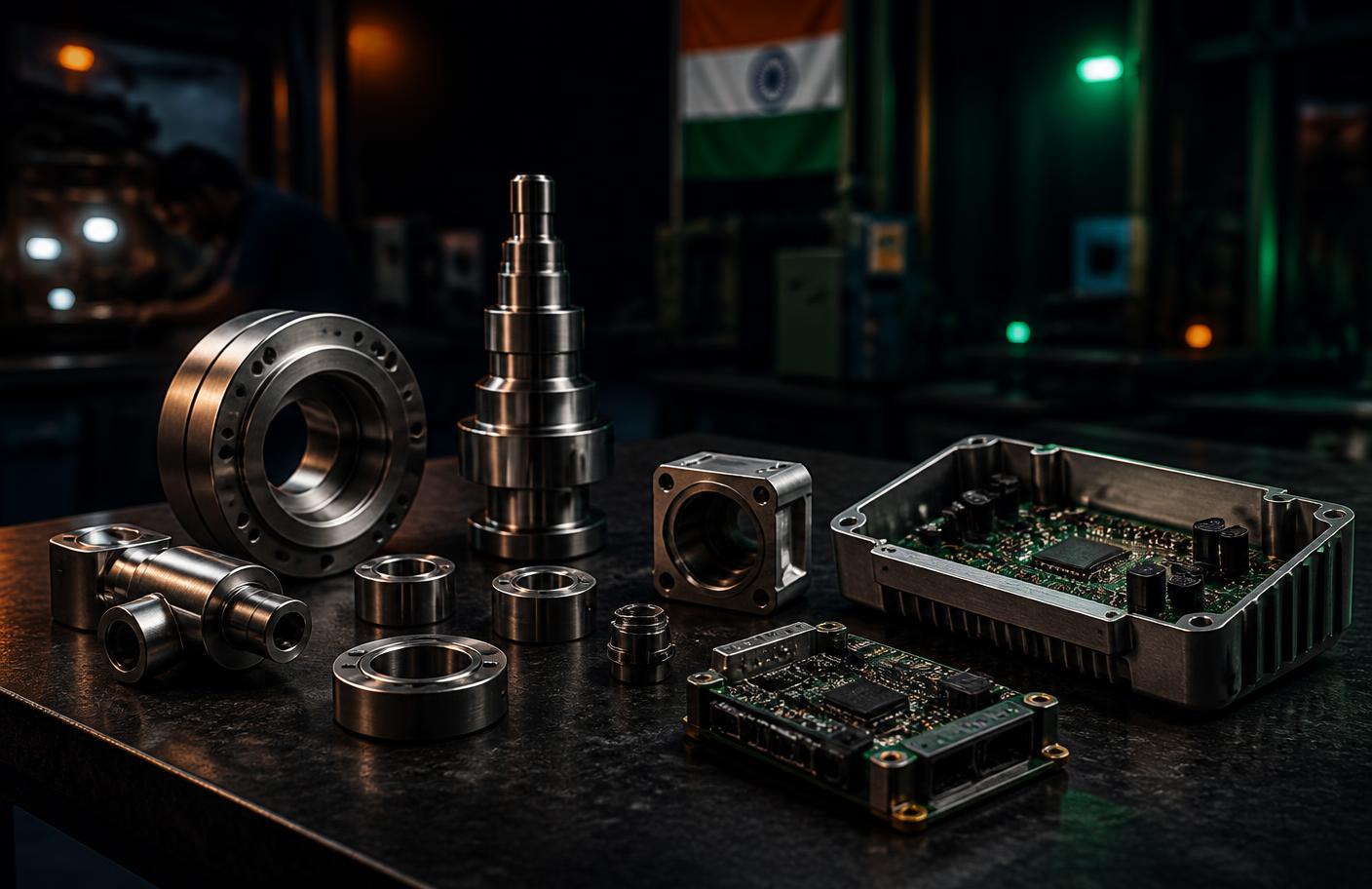 Precision machined metal components and electronic control assemblies on an Indian factory workbench