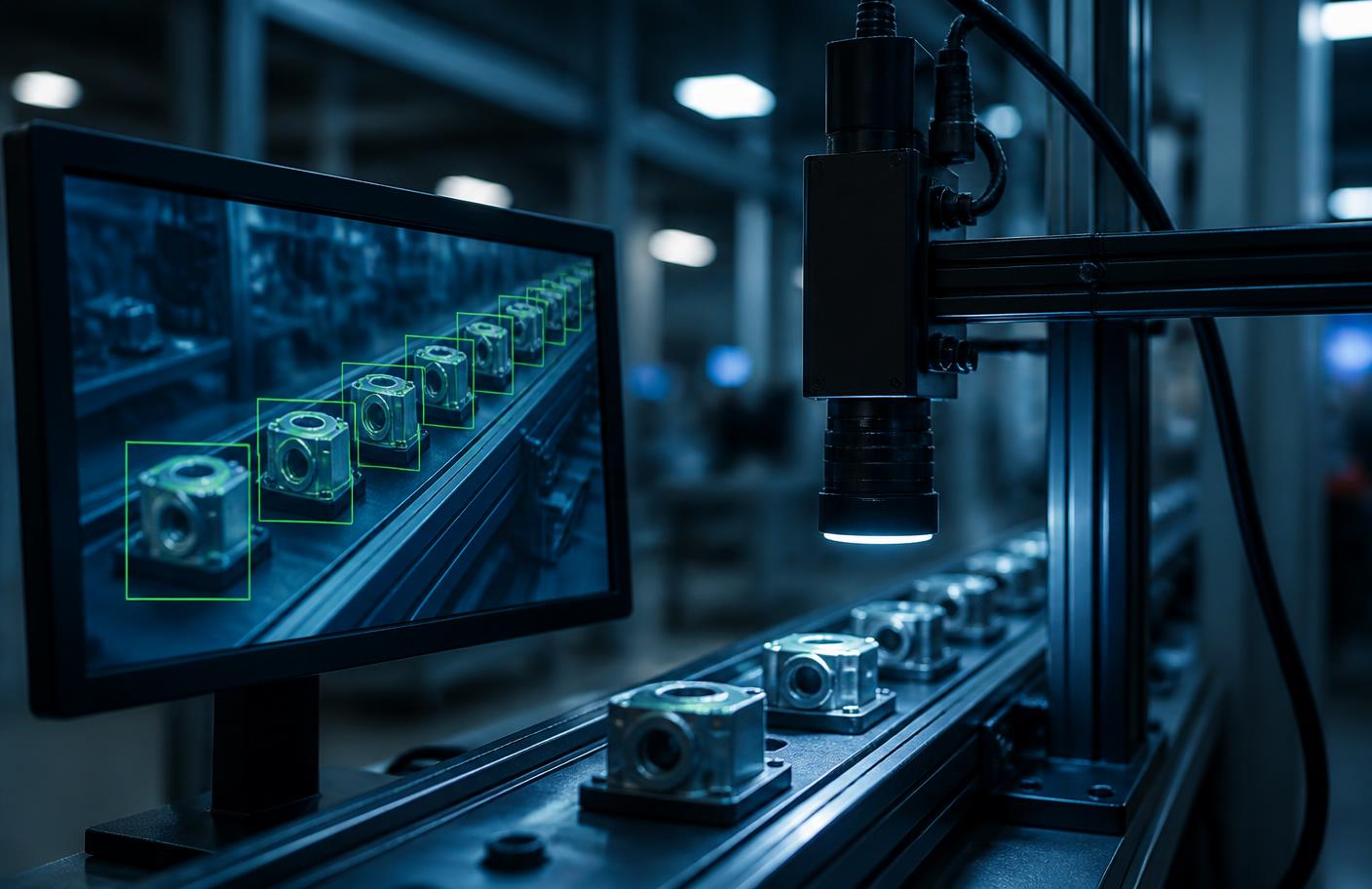 AI computer vision camera inspecting metal components on a conveyor with detection overlays on a monitor
